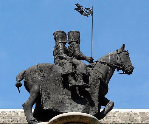 Two Templar Knights riding the same horse - statue outside the Temple Church in London
